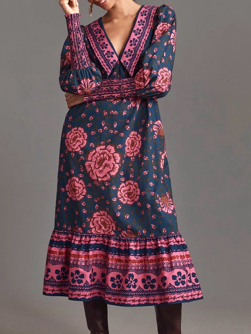FARM Rio Navy Midi Dress with Pink Floral Print